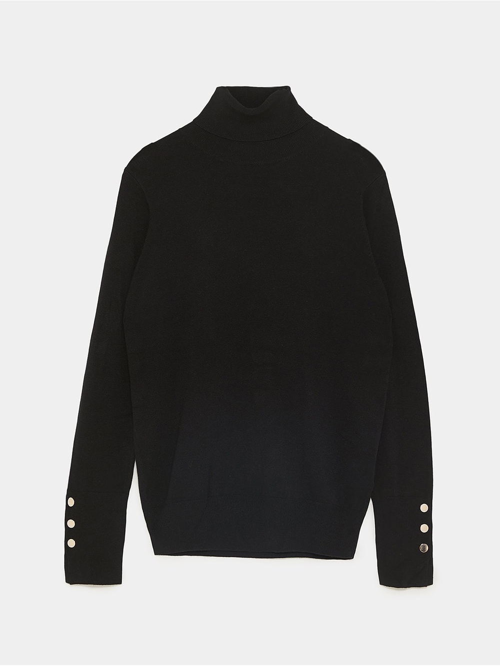 Zara Basic Black High Collar Rib Knit Sweater Top w/ Gold Buttons